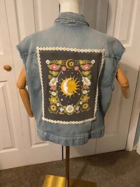 Sun & Moon Upcycled Graphic T-Shirt on Women’s Sz. 12 Denim Vest